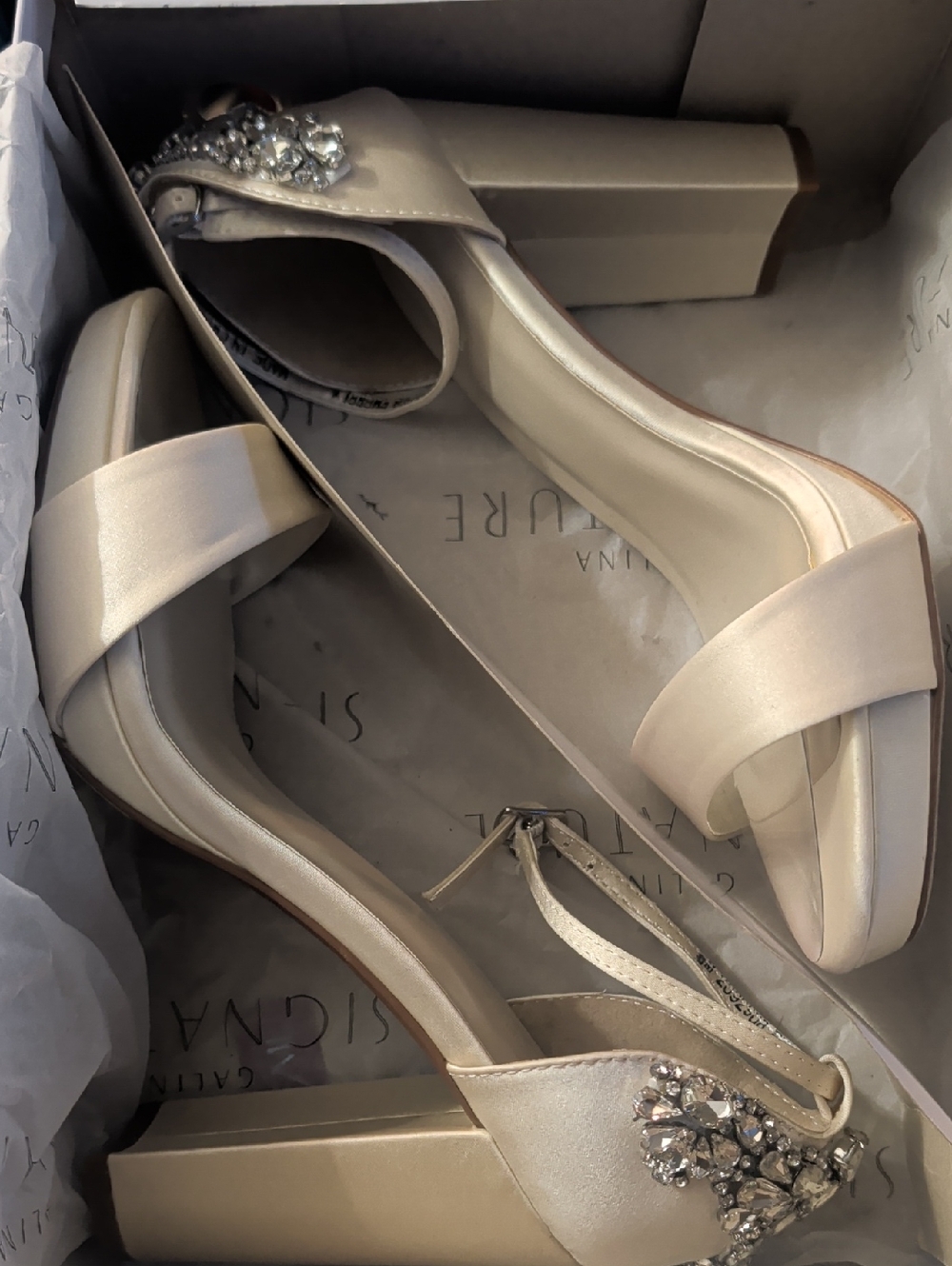 Galina Signature Ivory Satin Block Heel Sandals with Crystal Detail, Size 8